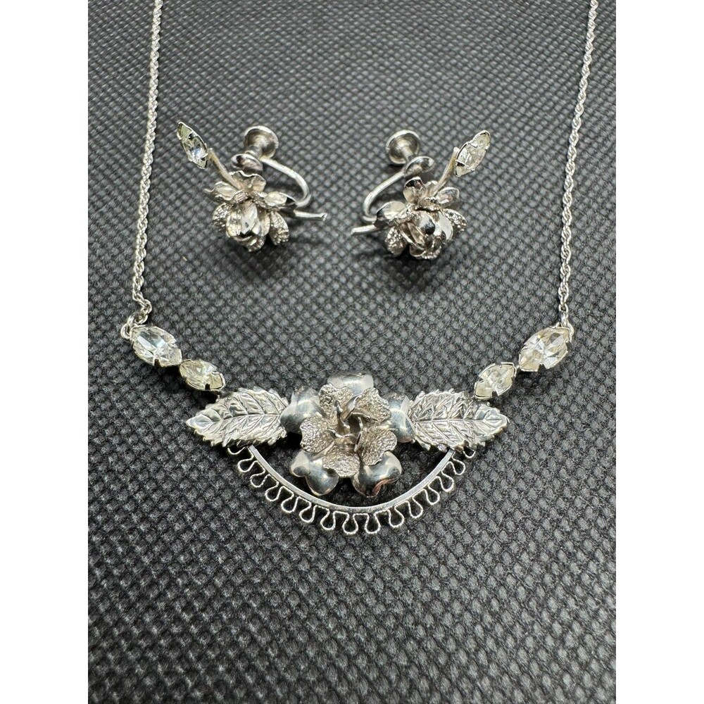 Vintage Star-Art Sterling Silver Floral Necklace & Earrings Set Rhinestone